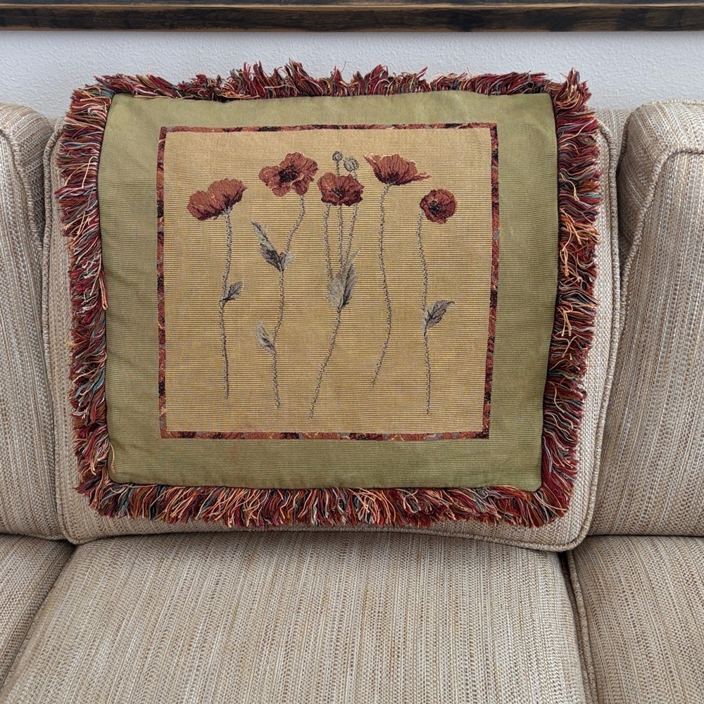 Floral Embroidered Throw Pillow with Fringe